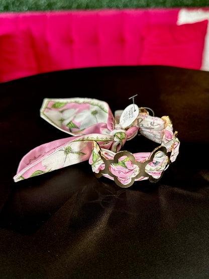 Metal Clover & Pink Floral Scarf Bracelet