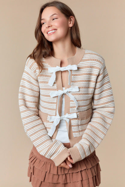 Taupe & Ivory Striped Bow Cardigan