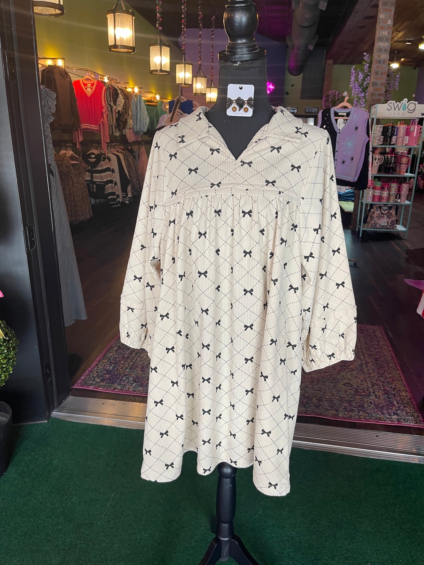 Oatmeal Corduroy Bow Print Babydoll Dress