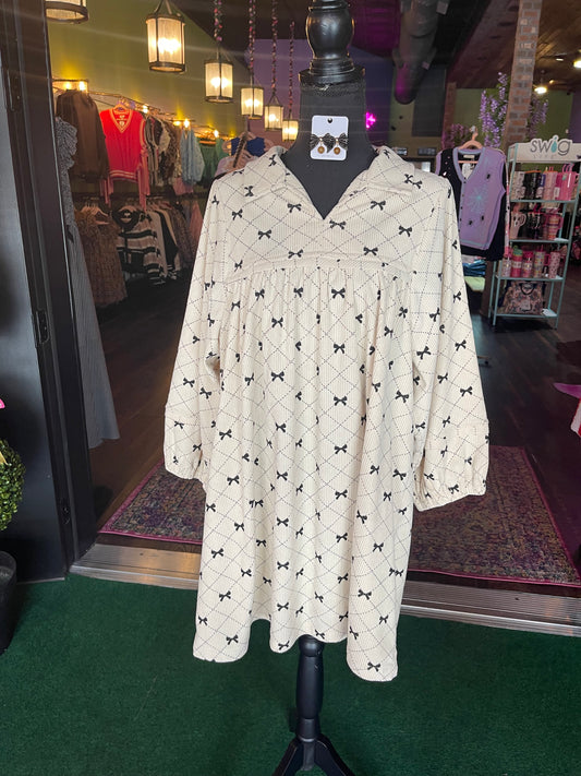 Oatmeal Corduroy Bow Print Babydoll Dress