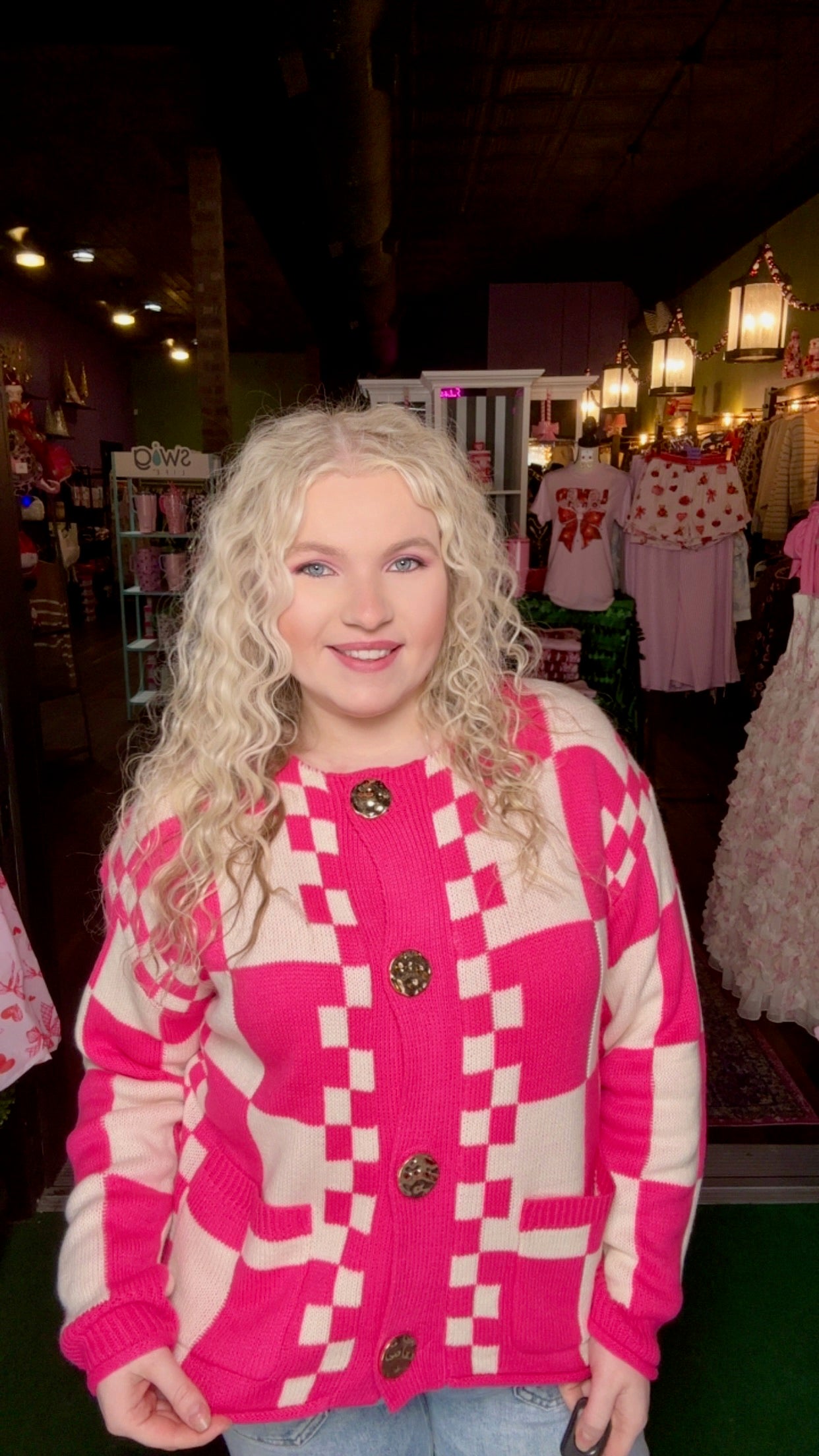 Hot Pink & Cream Checkered Sweater Cardigan