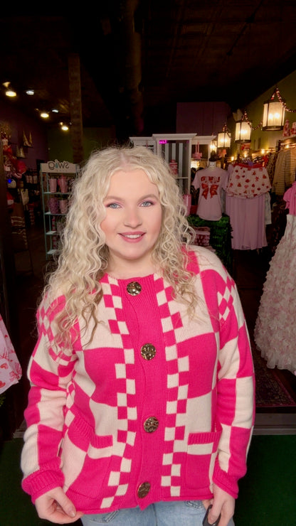 Hot Pink & Cream Checkered Sweater Cardigan
