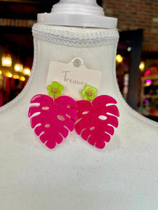 Pink Glitter Monstera Leaf earrings