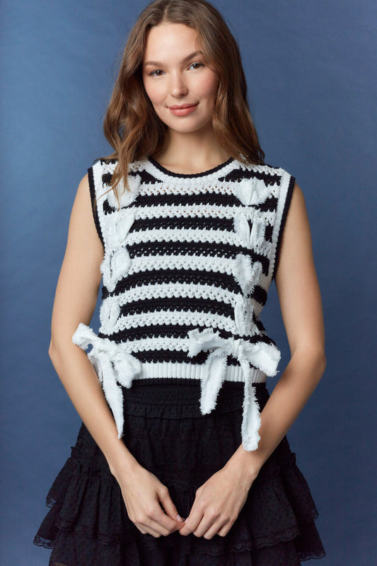 Black & White Striped Lace Bow Sweater Vest