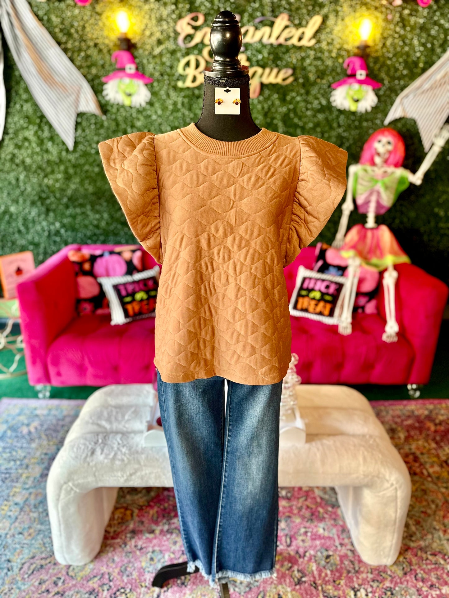 Camel Quilted Ruffle Sleeve Top