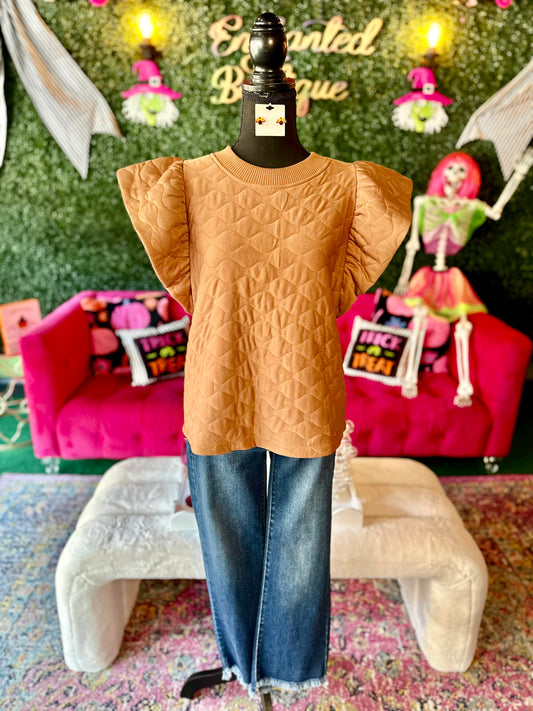 Camel Quilted Ruffle Sleeve Top