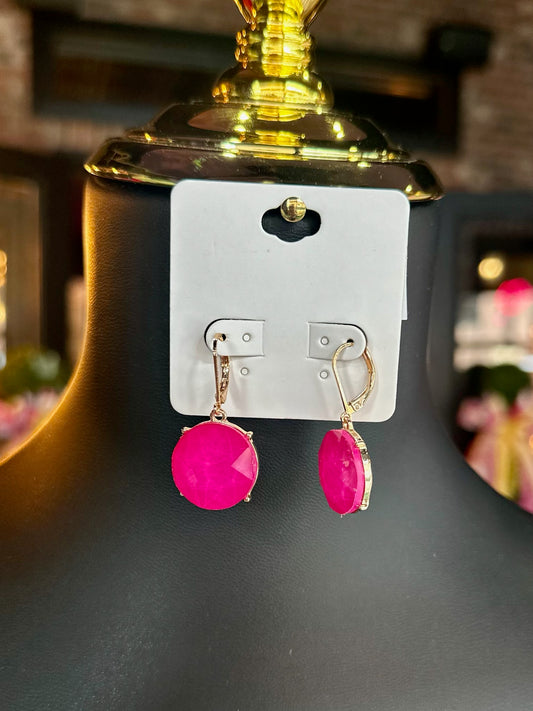 Neon Fuchsia Round Glass Stone Dangles