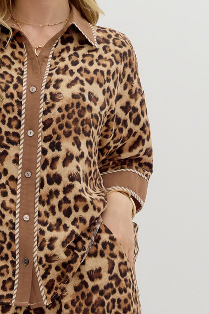 Leopard Print Button Up Top & Pants Set