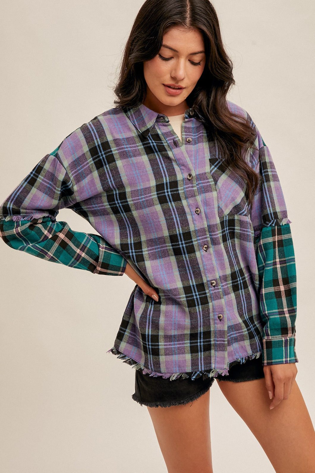 Purple & Jade Mixed Plaid Button Down Top