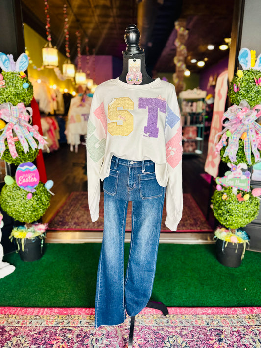 Tweed Embroidered “Easter” Cropped Sweatshirt