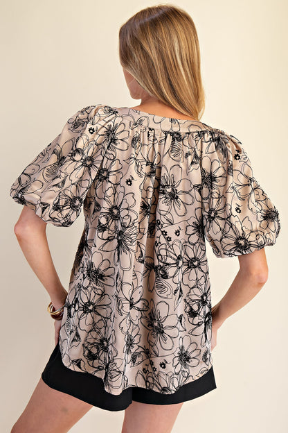 Taupe V-Neck Floral Stitched Blouse