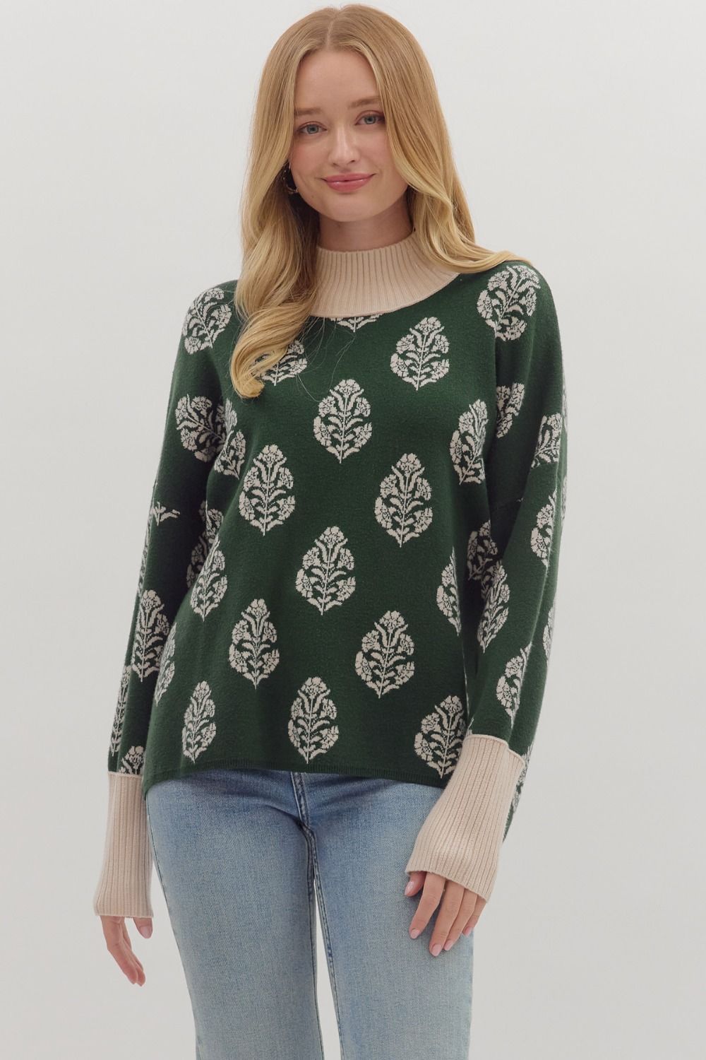 Hunter Green Botanical Print Sweater