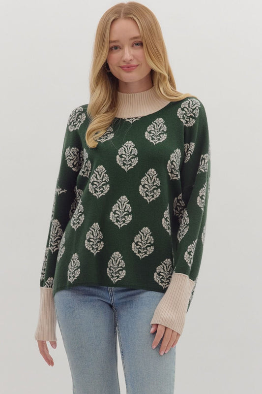 Hunter Green Botanical Print Sweater