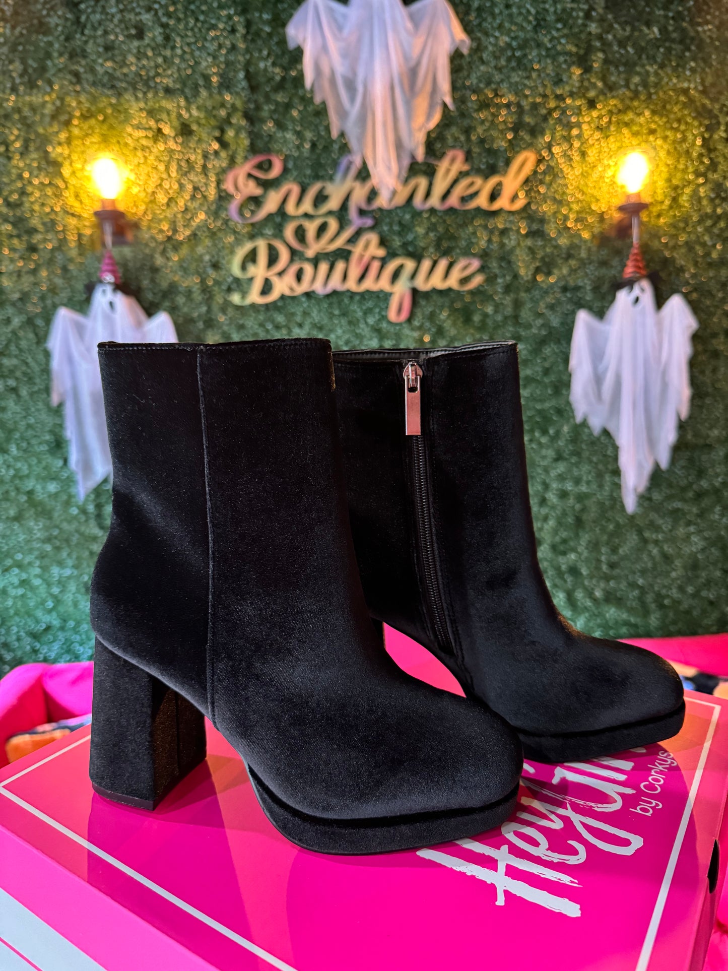 Corky’s “Slug Bug” Black Velvet Boots