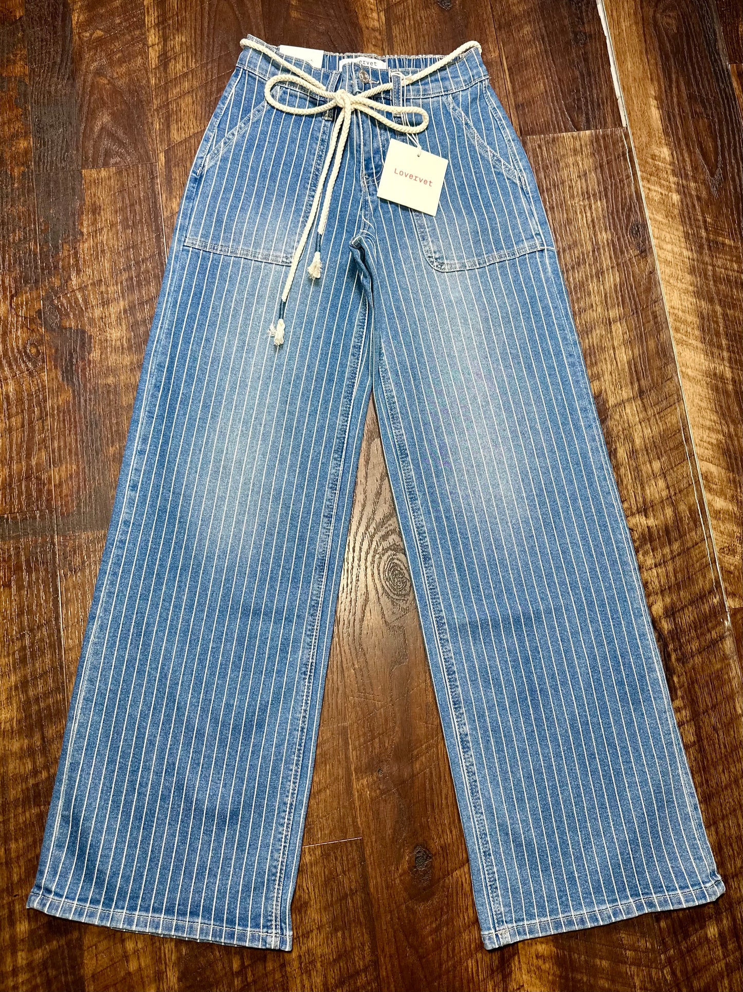 High Rise Striped Drawcord Wide Leg Jeans