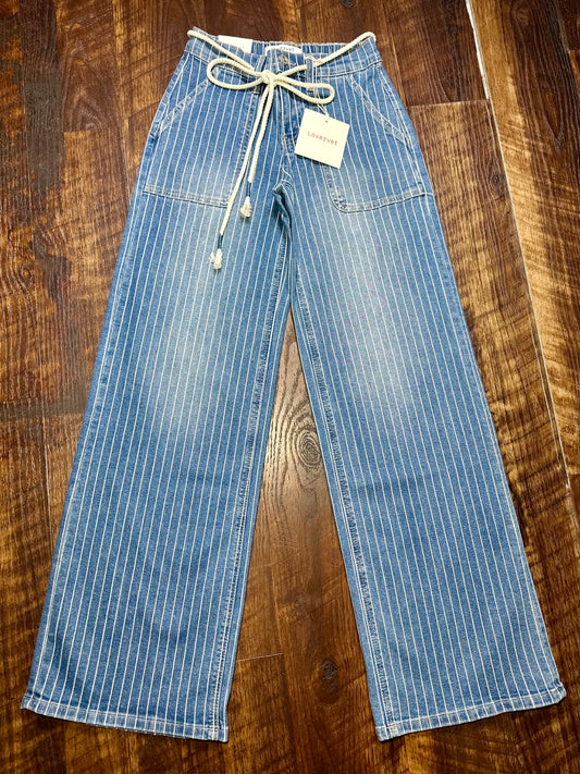 High Rise Striped Drawcord Wide Leg Jeans
