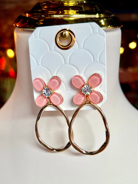 Pink Glitter Flower & Hoop Earring