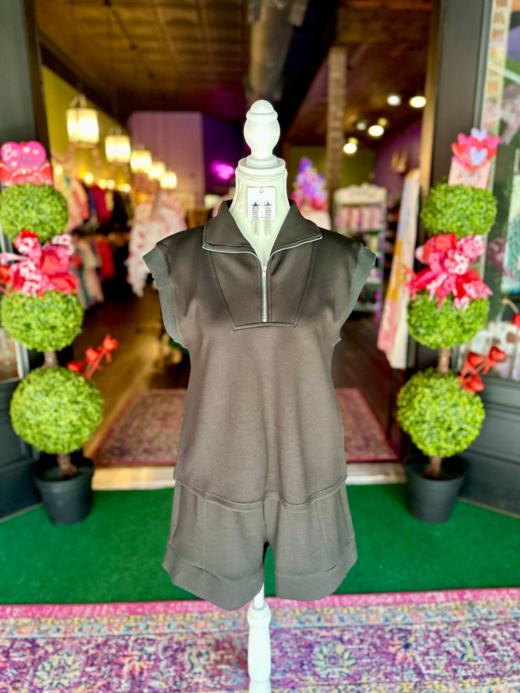 Black Half Zip Top & Shorts Set