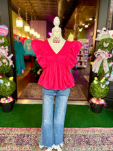 Load image into Gallery viewer, Magenta V-neck Ruffle Sleeve Blouse
