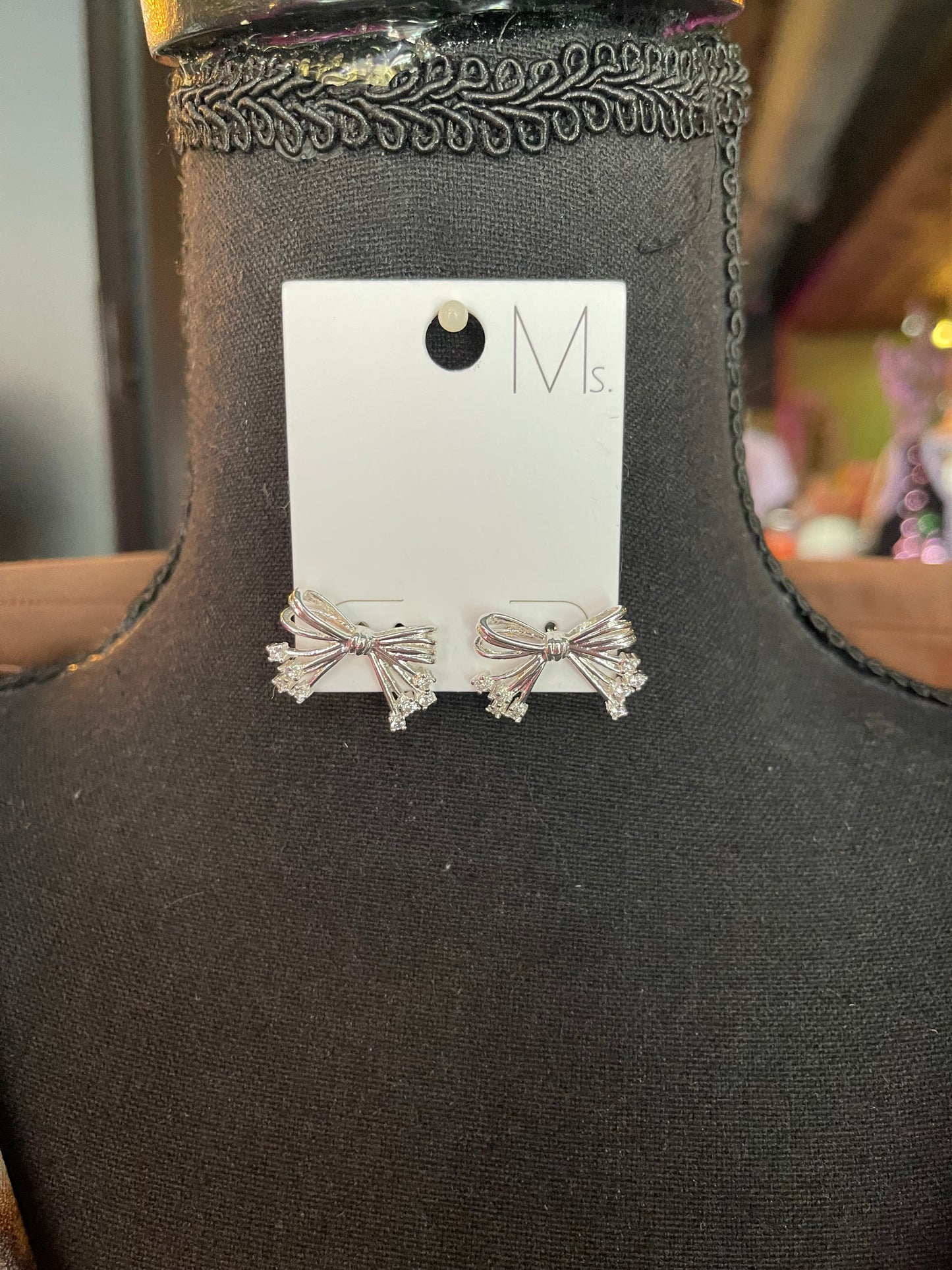 Silver Rhinestone Bow Studs