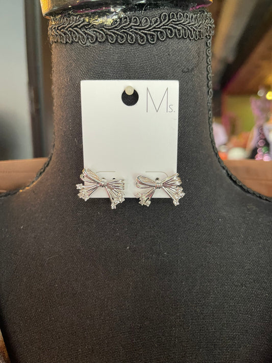 Silver Rhinestone Bow Studs