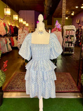 Load image into Gallery viewer, Blue Floral Bubble Sleeve Mini Dress
