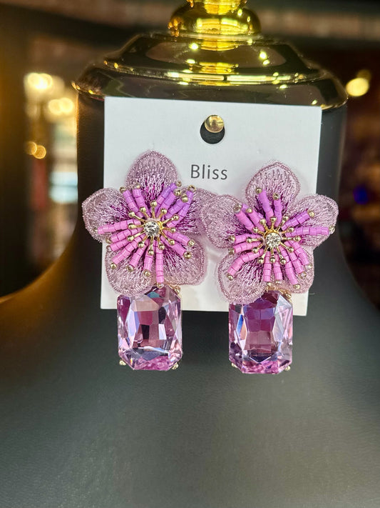 Purple Fabric Flower & Jewel Drop Earrings