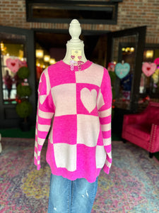 Fuchsia Checkered Sweater with hearts