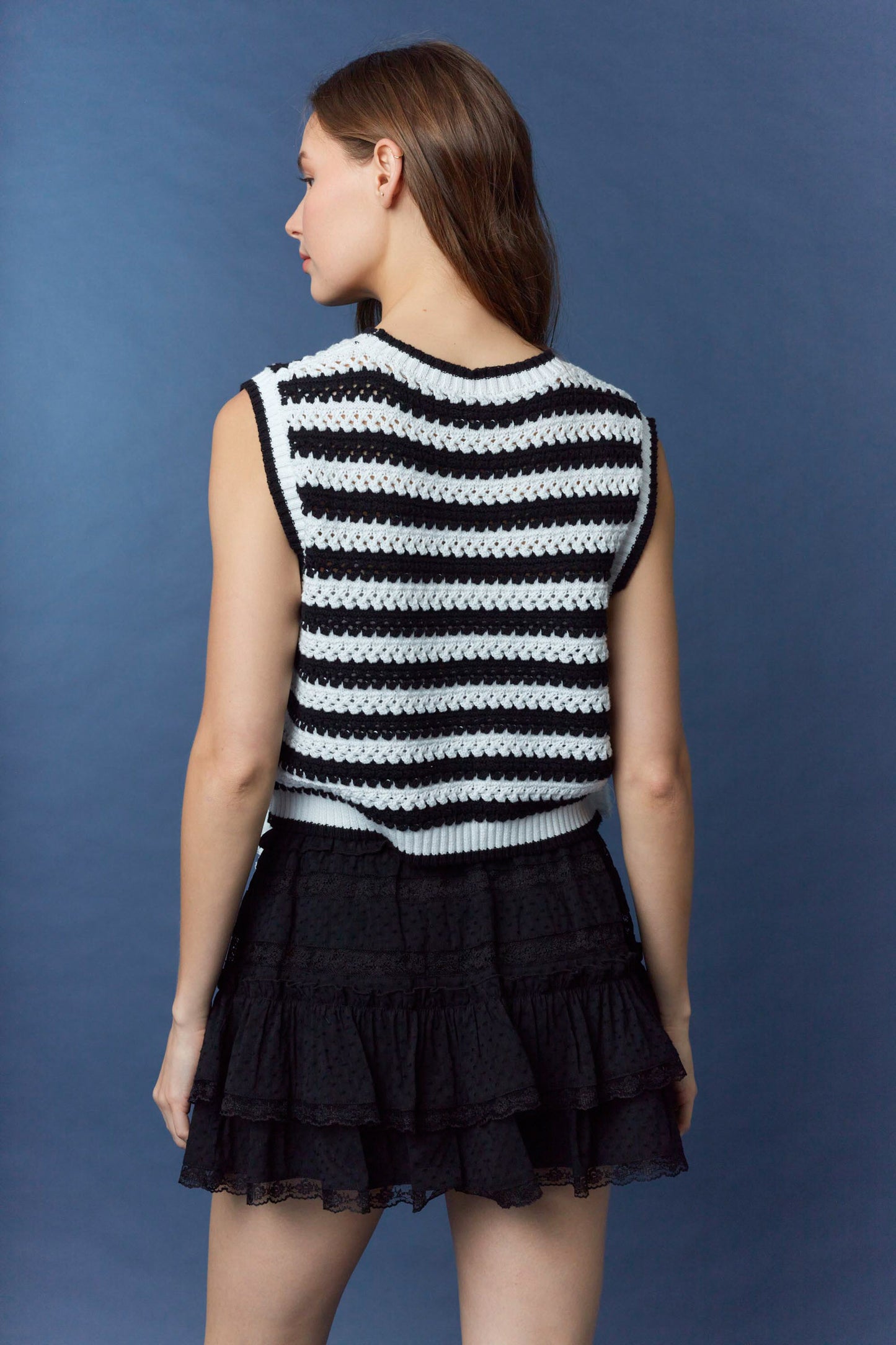 Black & White Striped Lace Bow Sweater Vest