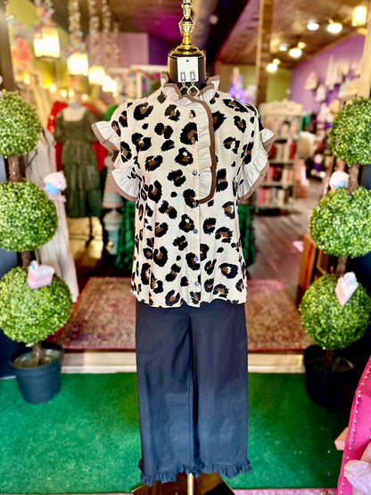 Leopard Button-Up Ruffle Detail Blouse