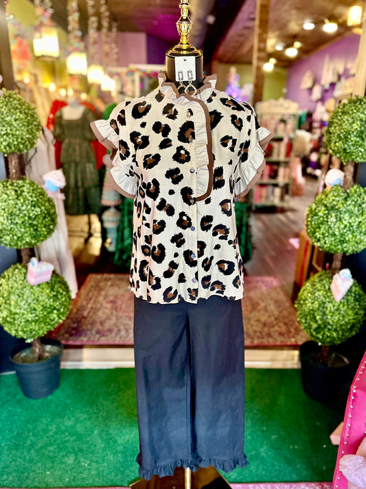 Leopard Button-Up Ruffle Detail Blouse