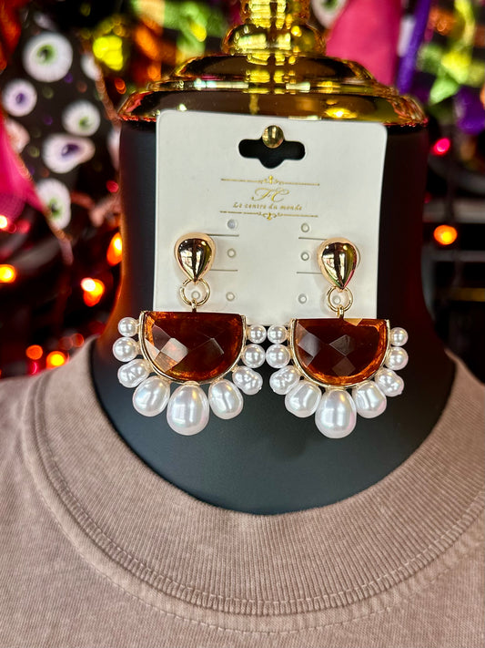 Pearl Trim Amber Stone Earrings