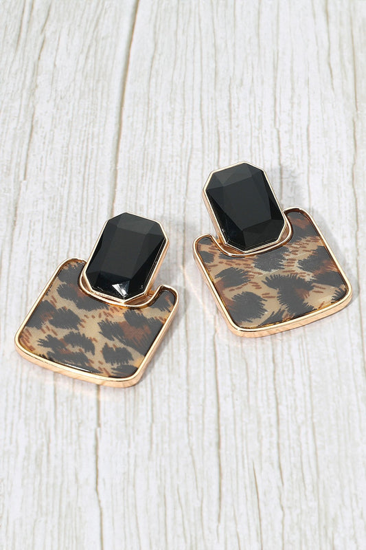 Stone & Leopard Plate Drop Earrings