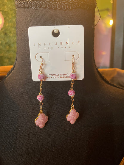 Pink Floral Porcelain Bead Drop Earrings