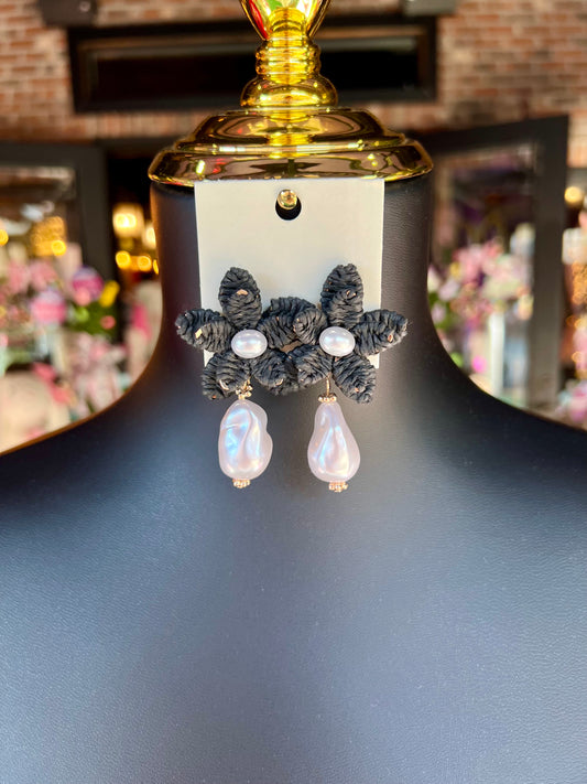 Black Raffia Flower & Pearl Drop Earrings