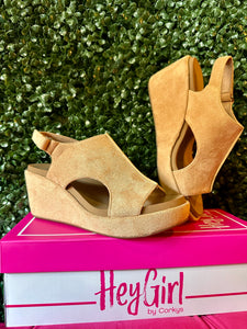 Corky’s Camel Faux Suede Carley Wedges