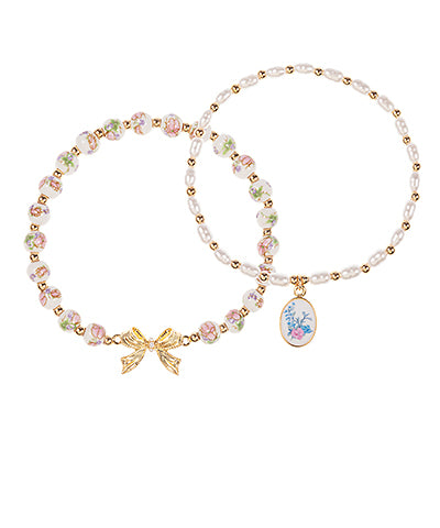 Bow & Floral Ceramic Charm Bracelet Set