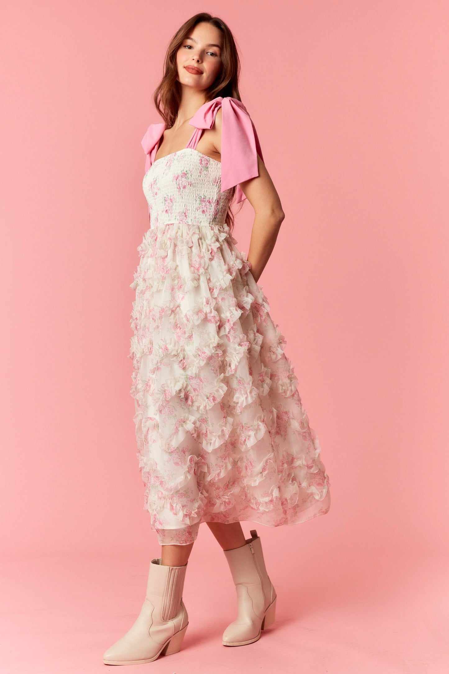 Floral Print Organza Ruffled Midi Dress