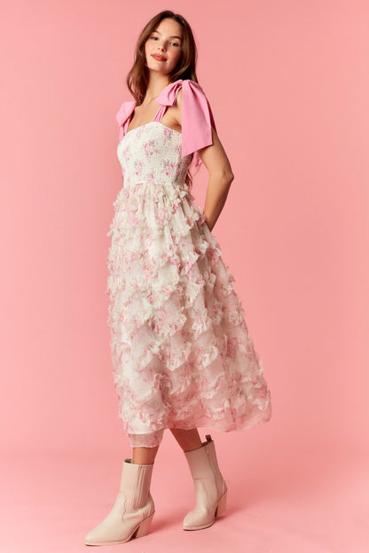 Floral Print Organza Ruffled Midi Dress