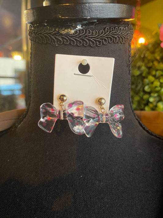 Clear & Pink Polka Dot Bow Earrings