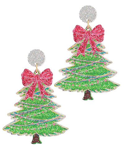 Glittery Christmas Tree & Bow Earrings