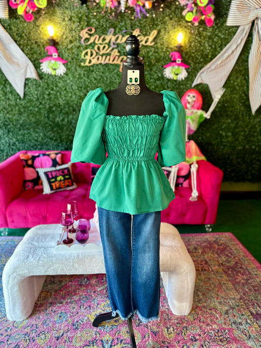 Teal Bubble Sleeve Blouse