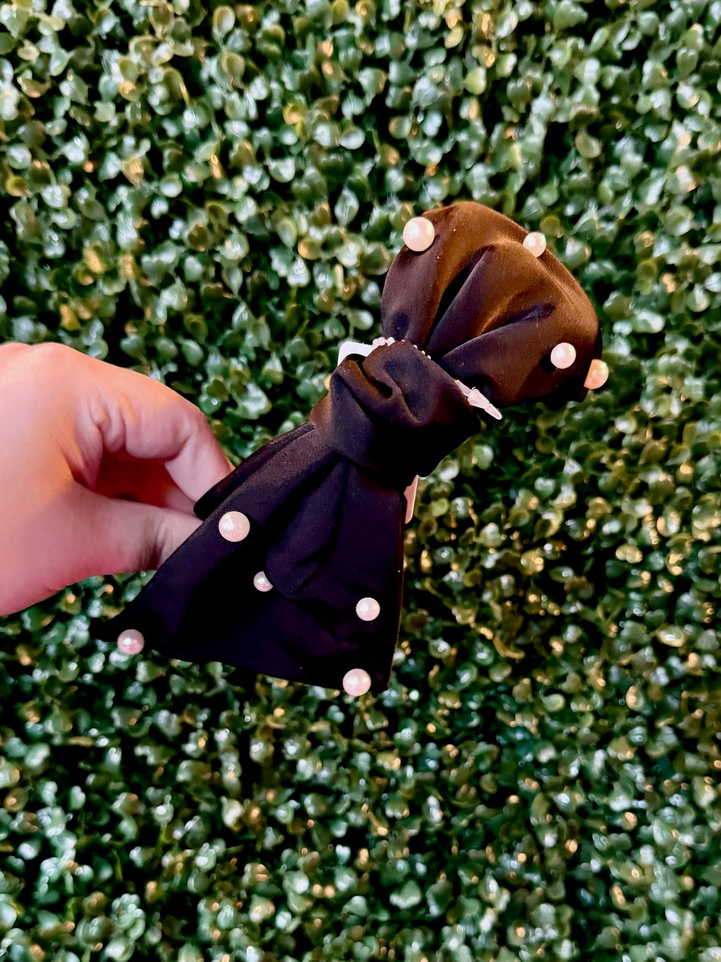 Pearl Studded Black Silk Bow Headband