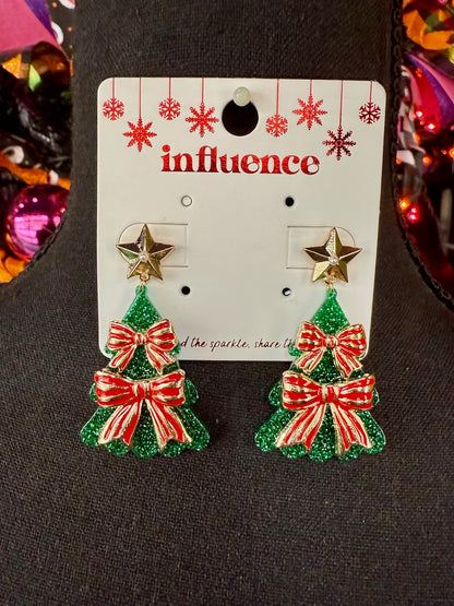 Christmas Tree & Bow Drop Earrings