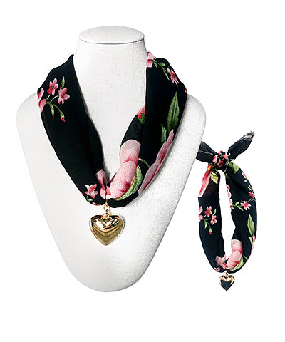 Floral Scarf & Heart Charm Necklace