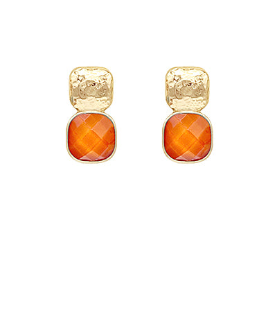 Dark Orange & Gold Stone Stud Earrings
