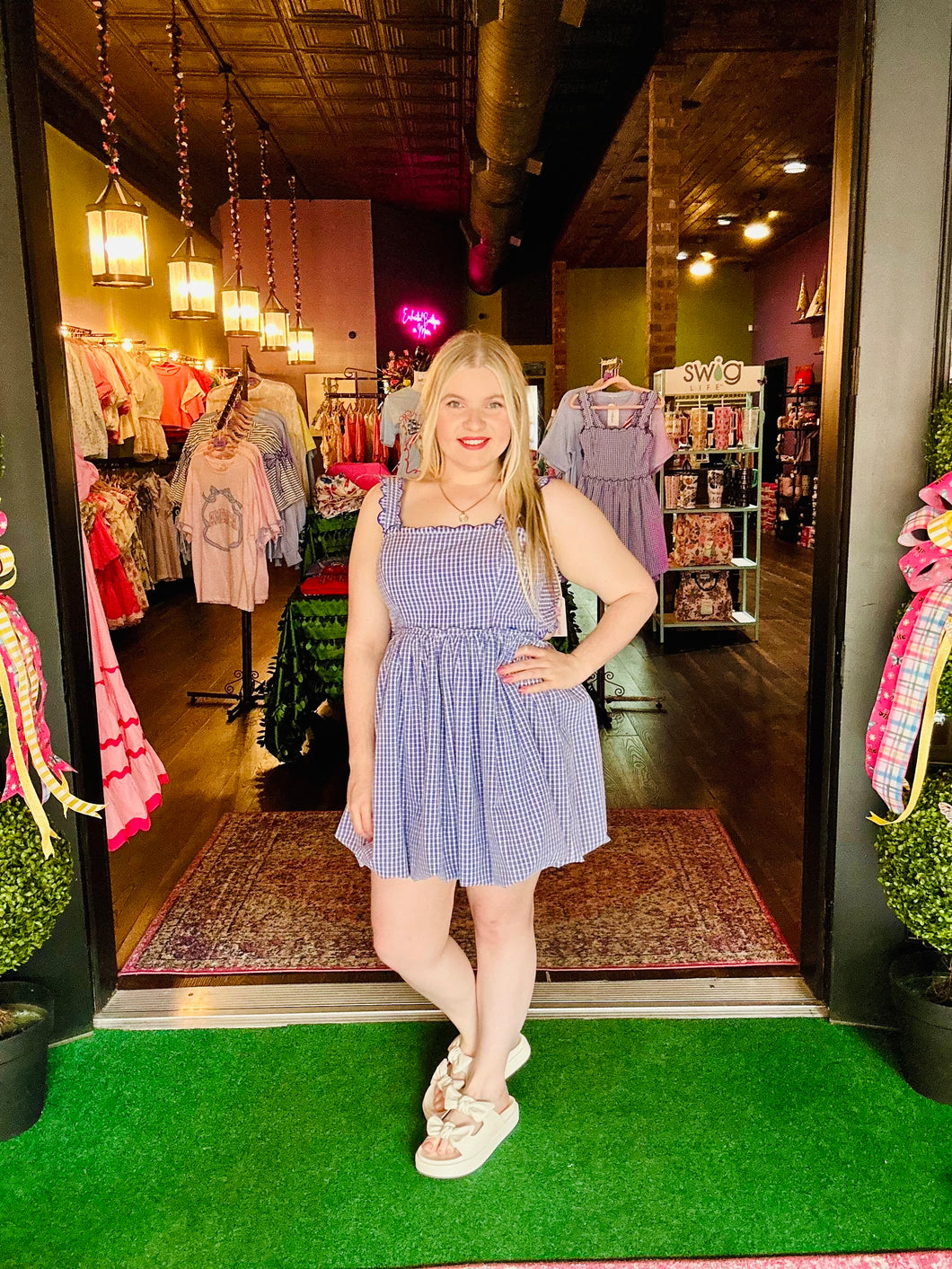 Royal Blue Gingham Bubble Hem Mini Dress