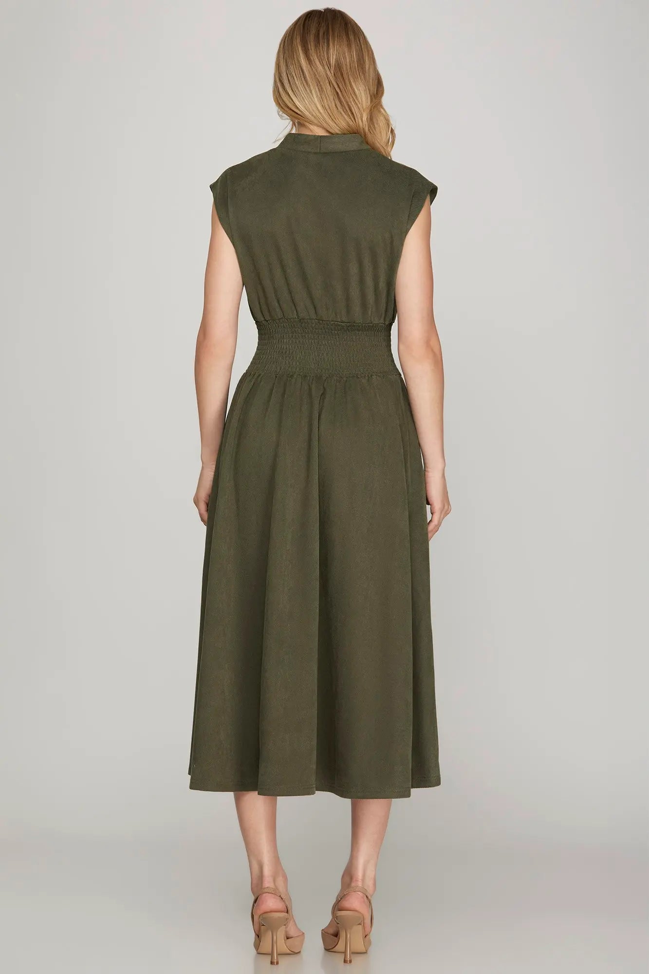 Olive Suede Front Zip Midi Dress