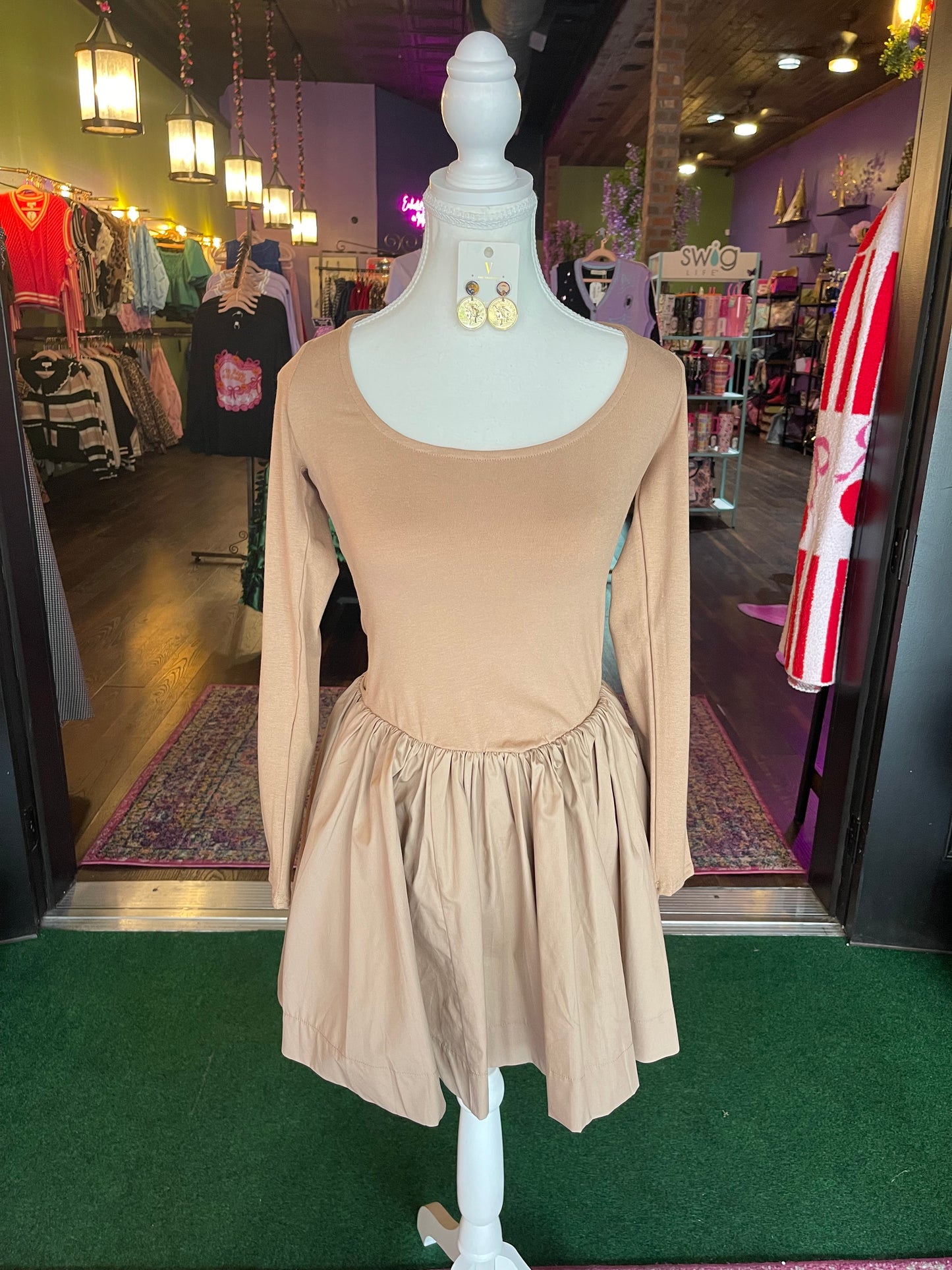 Taupe Mixed Fabric Skater Dress