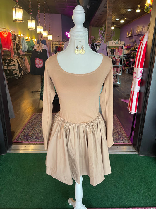 Taupe Mixed Fabric Skater Dress